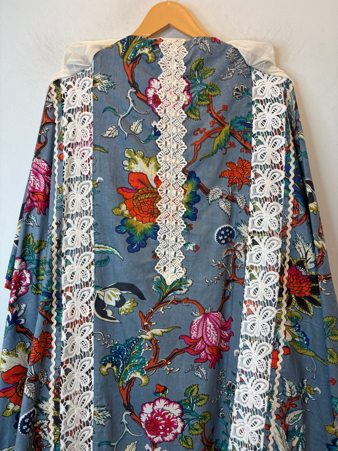 Blue Mul Cotton Floral Printed Suit Set with Mirror &amp; Crochet Detailing