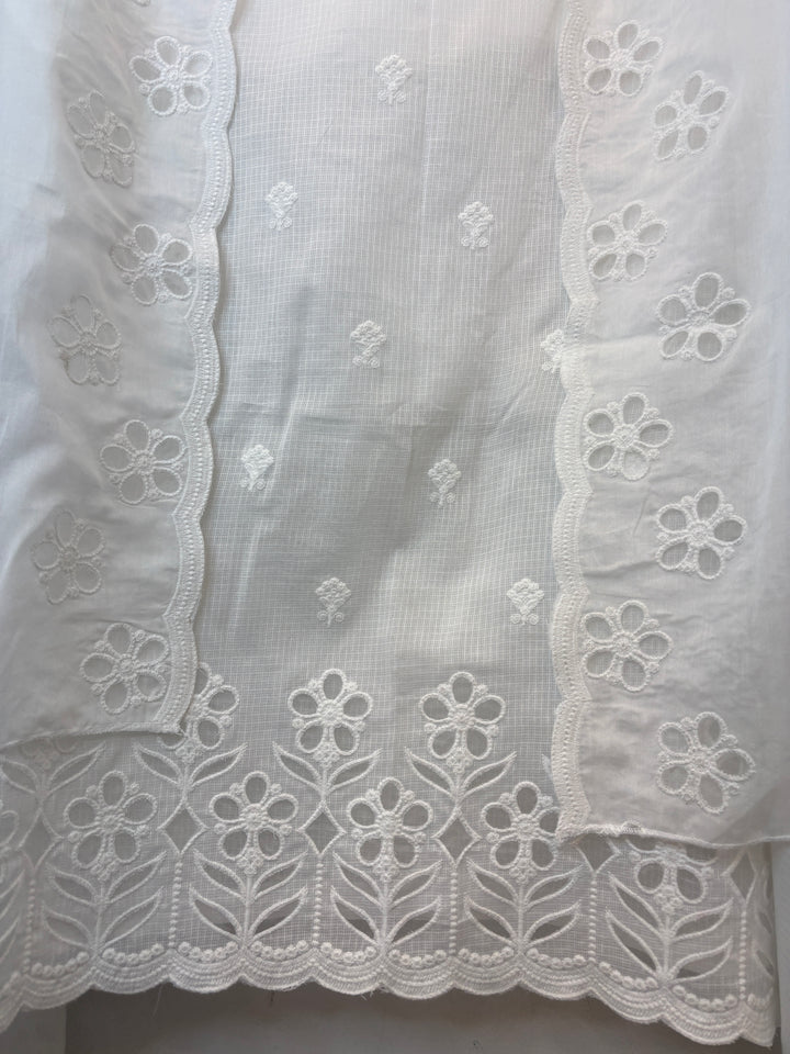White Kota Cotton Suit Set with Embroidered Floral Detailing