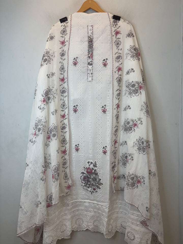 Grey Mul Cotton Chikankari Unstitched Suit Set with Appliqué &amp; 3D Floral Work
