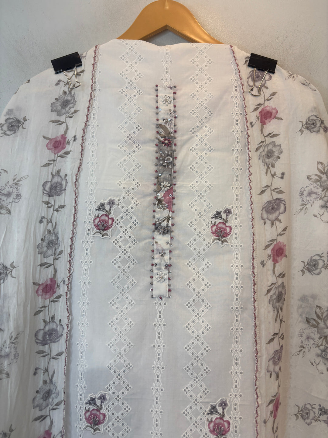 Grey Mul Cotton Chikankari Unstitched Suit Set with Appliqué &amp; 3D Floral Work