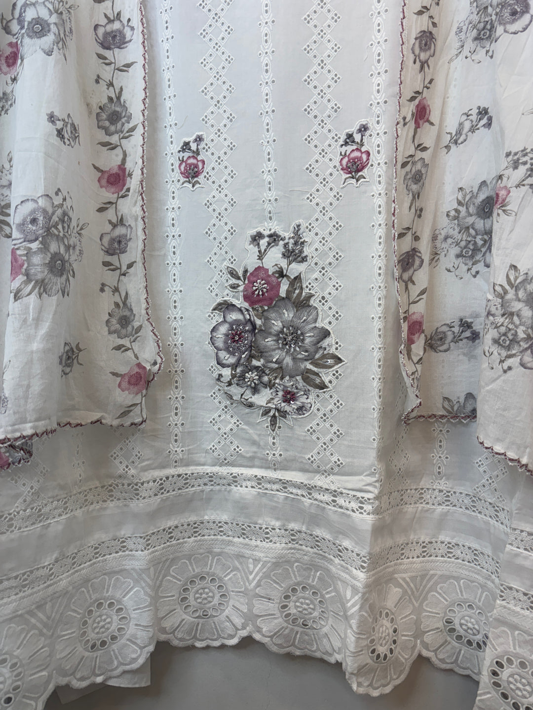 Grey Mul Cotton Chikankari Unstitched Suit Set with Appliqué &amp; 3D Floral Work