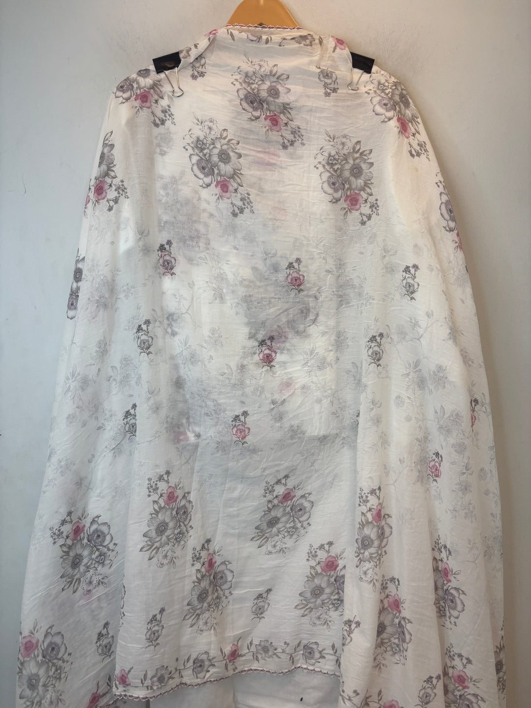 Grey Mul Cotton Chikankari Unstitched Suit Set with Appliqué &amp; 3D Floral Work