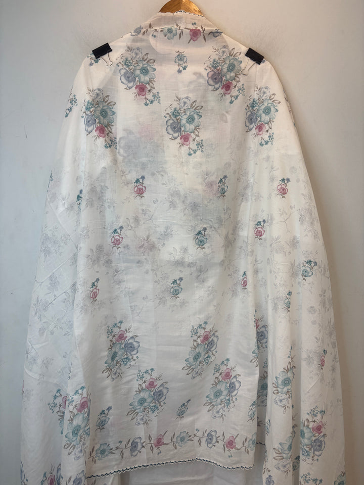 Green Mul Cotton Chikankari Unstitched Suit Set with Appliqué &amp; 3D Floral Work