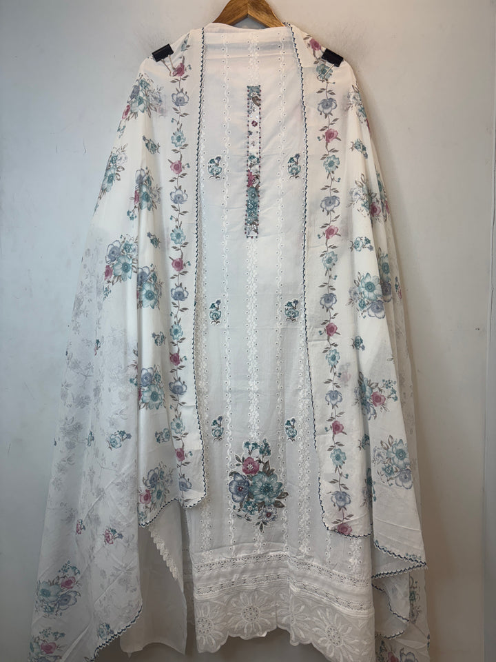 Green Mul Cotton Chikankari Unstitched Suit Set with Appliqué &amp; 3D Floral Work