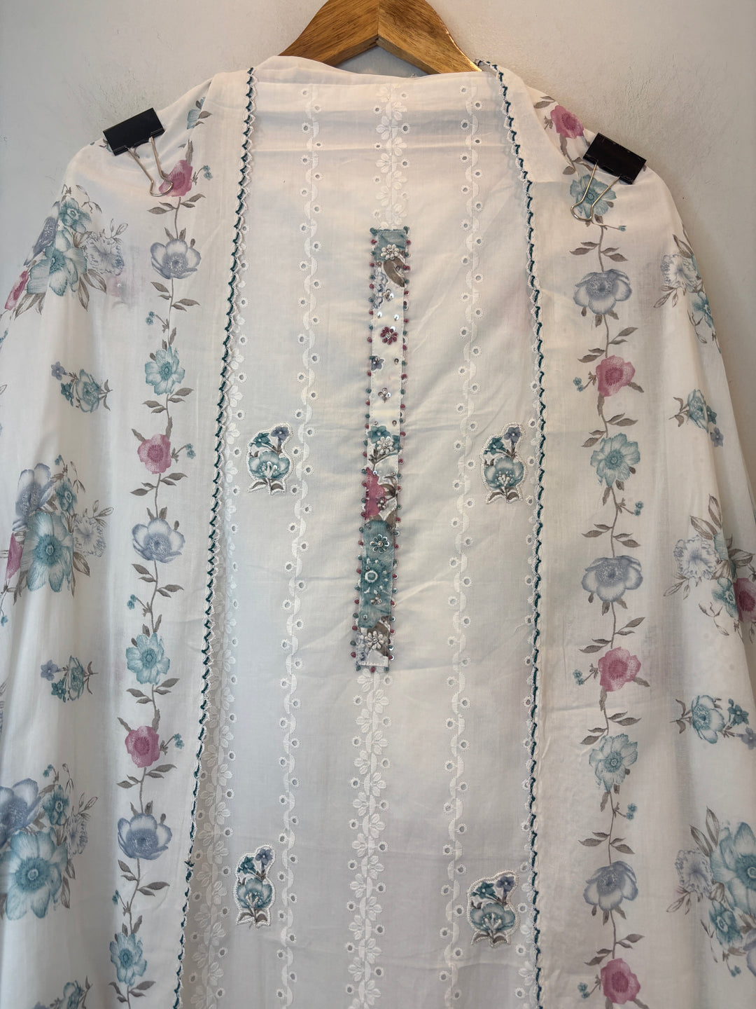 Green Mul Cotton Chikankari Unstitched Suit Set with Appliqué &amp; 3D Floral Work