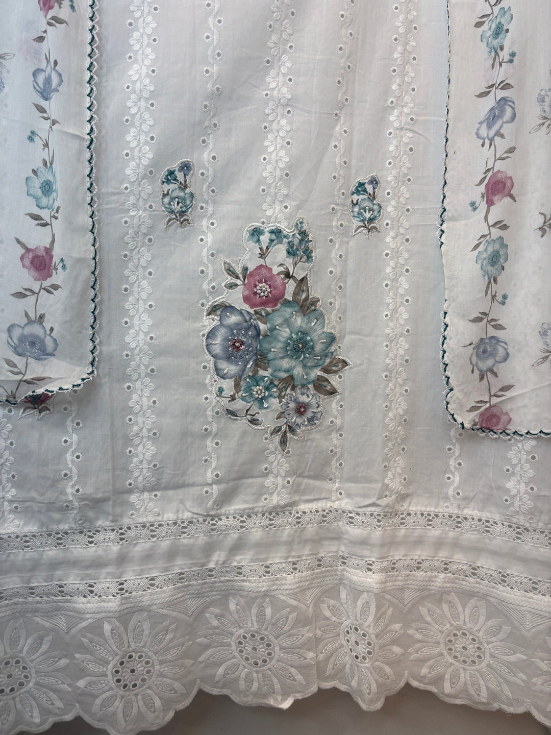 Green Mul Cotton Chikankari Unstitched Suit Set with Appliqué &amp; 3D Floral Work