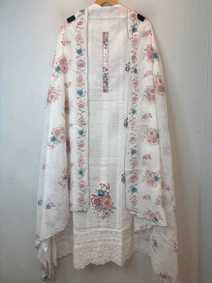 Peach Mul Cotton Chikankari Unstitched Suit Set with Appliqué &amp; 3D Floral Work
