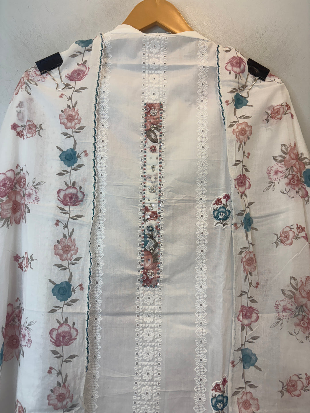 Peach Mul Cotton Chikankari Unstitched Suit Set with Appliqué &amp; 3D Floral Work