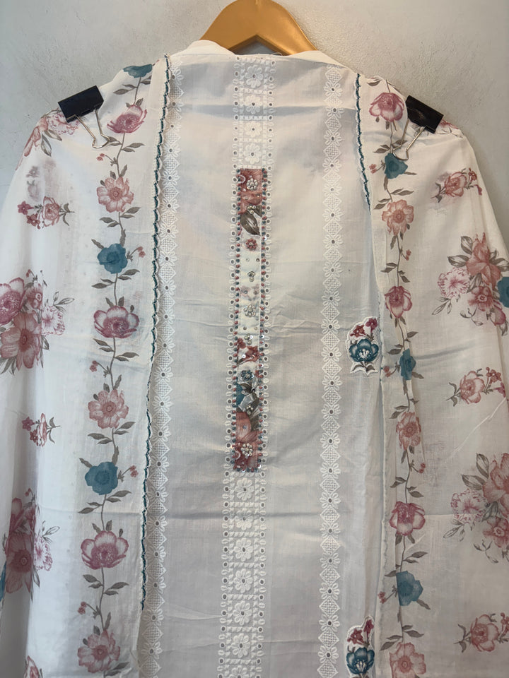 Peach Mul Cotton Chikankari Unstitched Suit Set with Appliqué &amp; 3D Floral Work