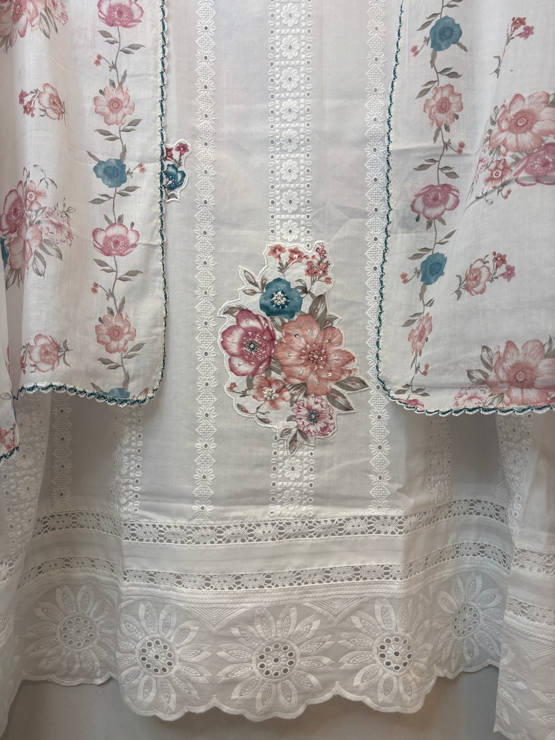 Peach Mul Cotton Chikankari Unstitched Suit Set with Appliqué &amp; 3D Floral Work