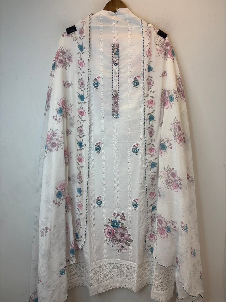 Lavender Mul Cotton Chikankari Unstitched Suit Set with Appliqué &amp; 3D Floral Work