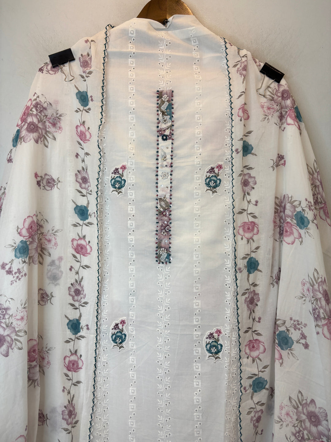 Lavender Mul Cotton Chikankari Unstitched Suit Set with Appliqué &amp; 3D Floral Work
