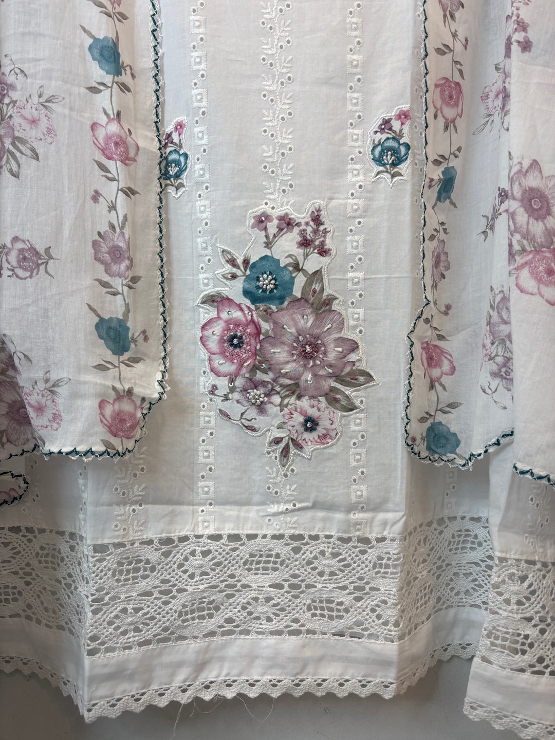 Lavender Mul Cotton Chikankari Unstitched Suit Set with Appliqué &amp; 3D Floral Work
