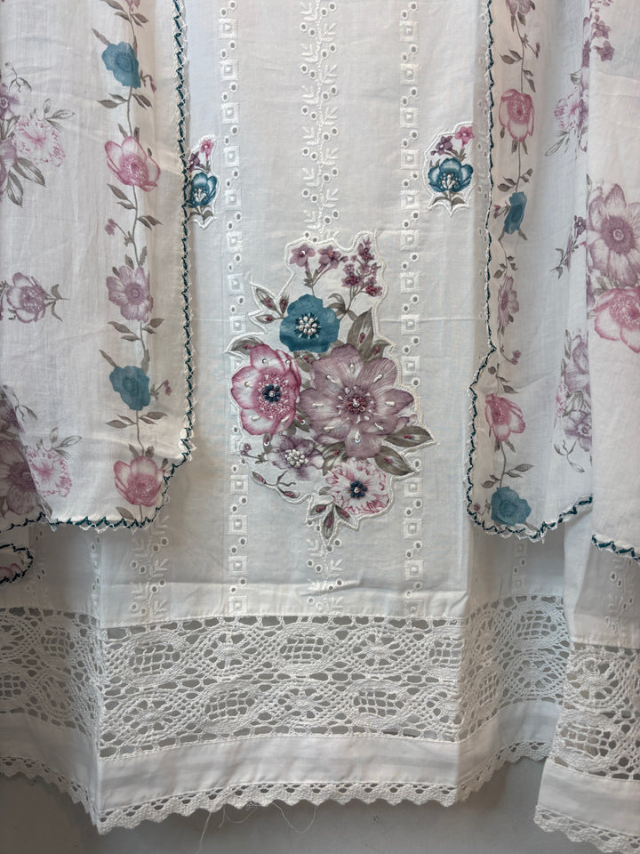 Lavender Mul Cotton Chikankari Unstitched Suit Set with Appliqué &amp; 3D Floral Work