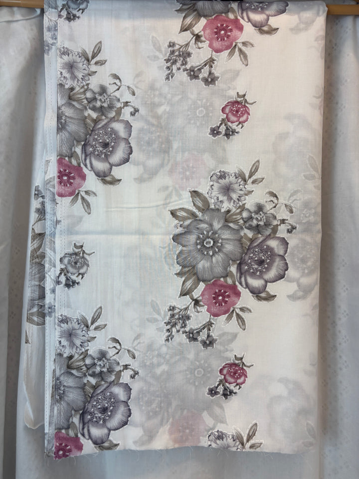 Grey Mul Cotton Chikankari Unstitched Suit Set with Appliqué &amp; 3D Floral Work