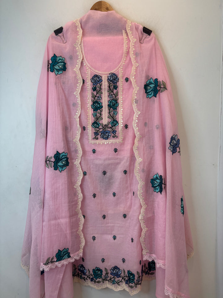 Pink Mul Cotton Embroidered Suit Set with Floral &amp; Cutwork Detailing
