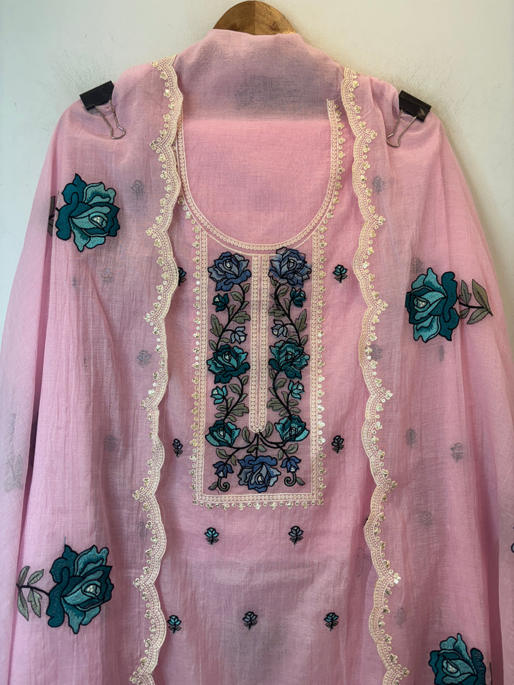 Pink Mul Cotton Embroidered Suit Set with Floral &amp; Cutwork Detailing