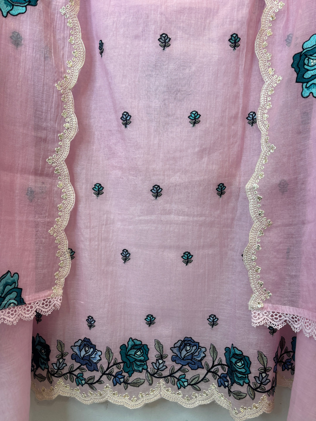 Pink Mul Cotton Embroidered Suit Set with Floral &amp; Cutwork Detailing