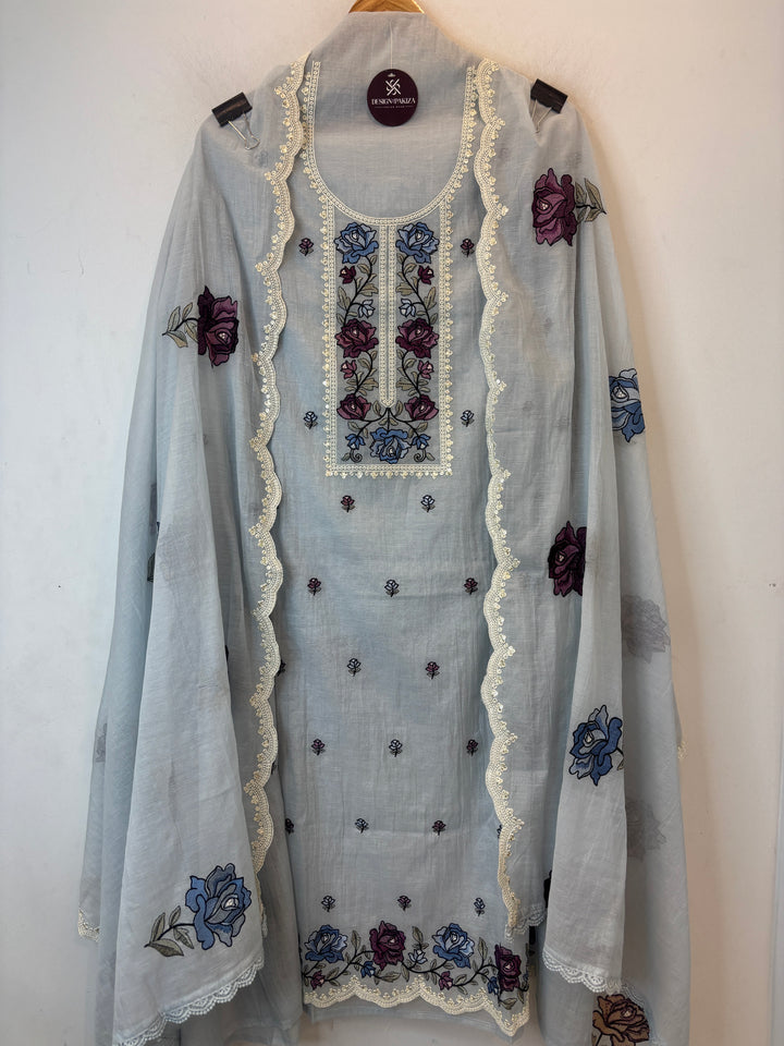 Greyish Mul Cotton Embroidered Suit Set with Floral &amp; Cutwork Detailing