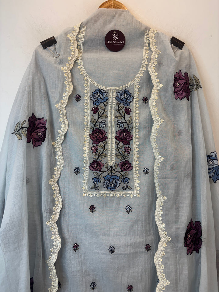 Greyish Mul Cotton Embroidered Suit Set with Floral &amp; Cutwork Detailing