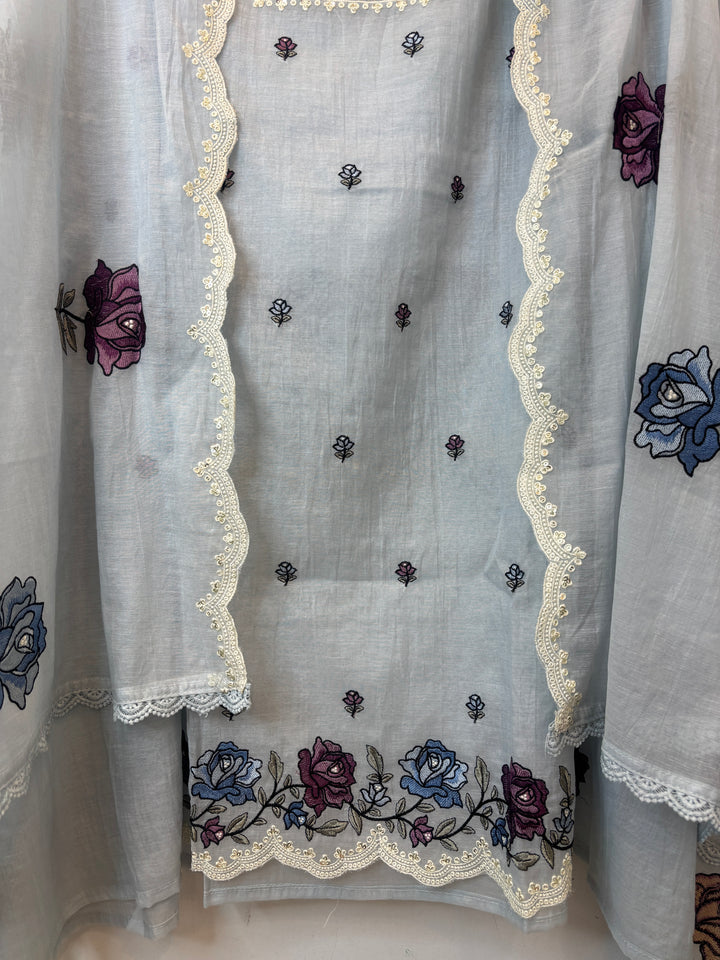 Greyish Mul Cotton Embroidered Suit Set with Floral &amp; Cutwork Detailing