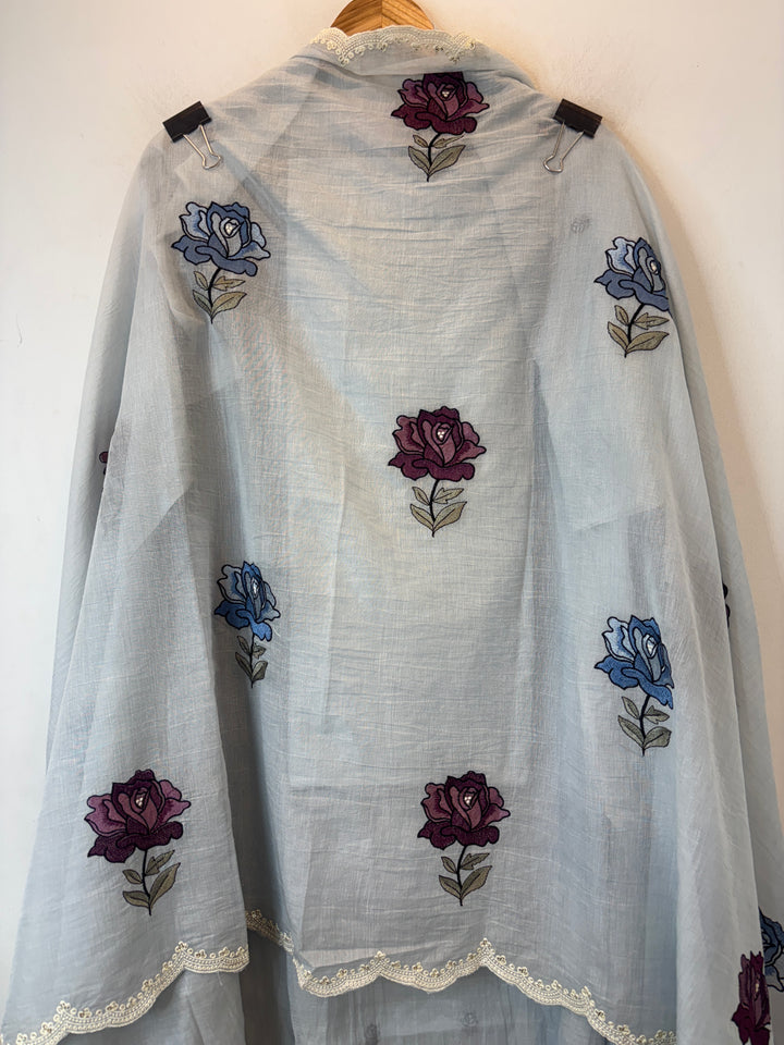 Greyish Mul Cotton Embroidered Suit Set with Floral &amp; Cutwork Detailing