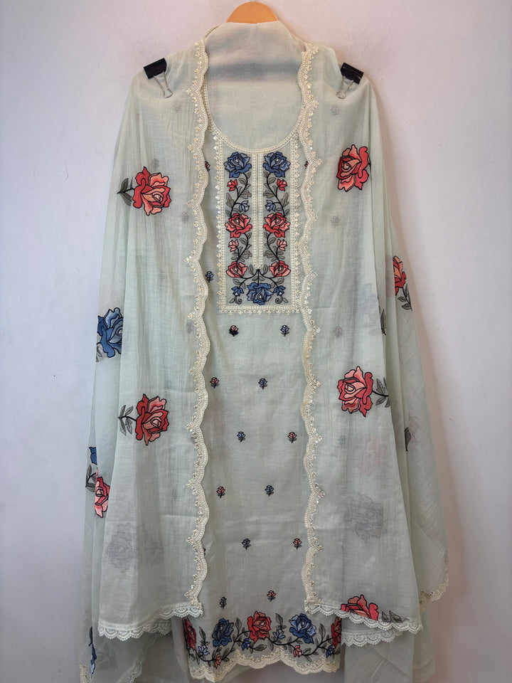 Greenish Mul Cotton Embroidered Suit Set with Floral &amp; Cutwork Detailing