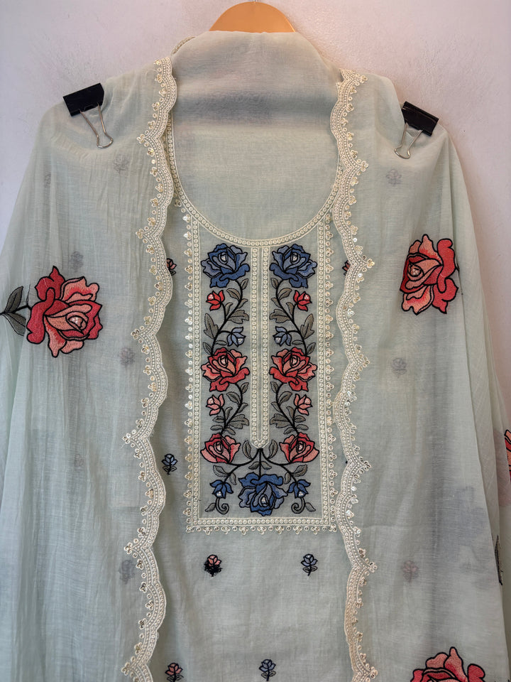 Greenish Mul Cotton Embroidered Suit Set with Floral &amp; Cutwork Detailing