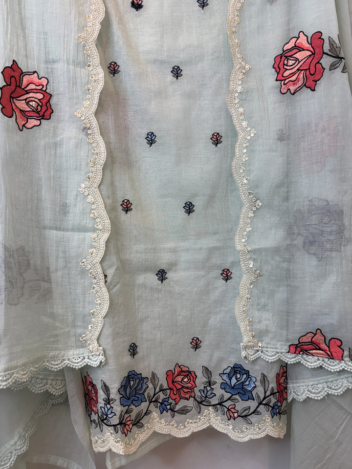 Greenish Mul Cotton Embroidered Suit Set with Floral &amp; Cutwork Detailing