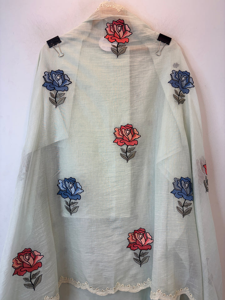 Greenish Mul Cotton Embroidered Suit Set with Floral &amp; Cutwork Detailing