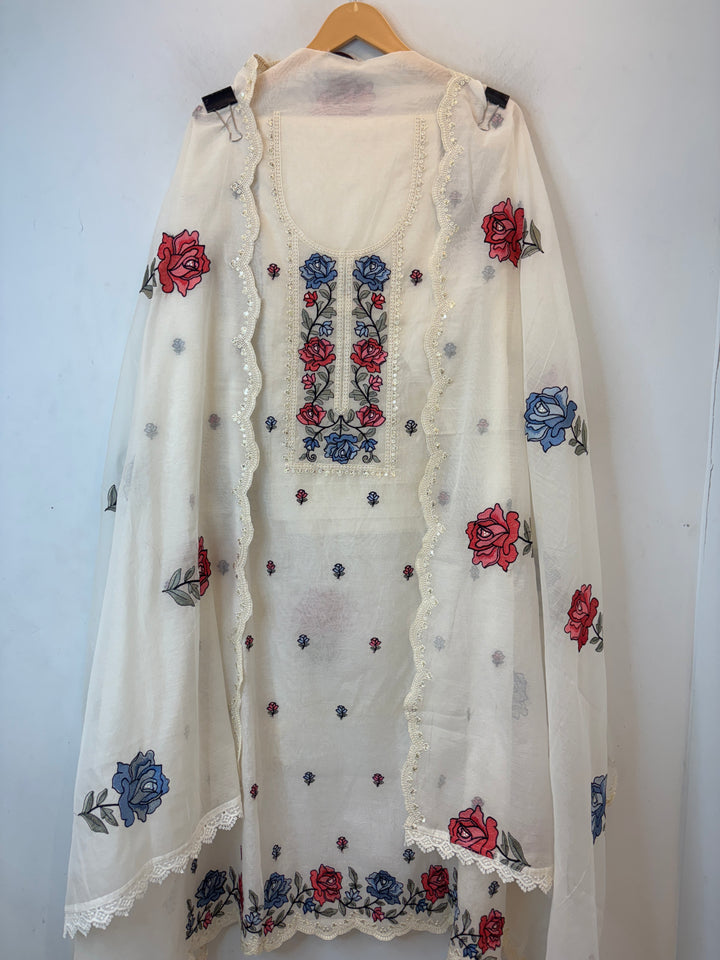 White Mul Cotton Embroidered Suit Set with Floral &amp; Cutwork Detailing