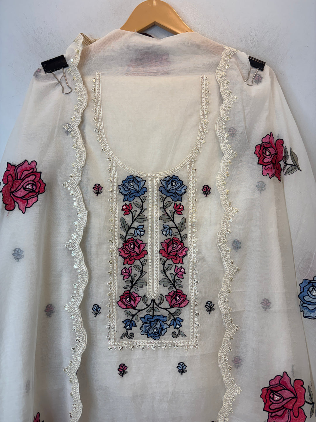 White Mul Cotton Embroidered Suit Set with Floral &amp; Cutwork Detailing
