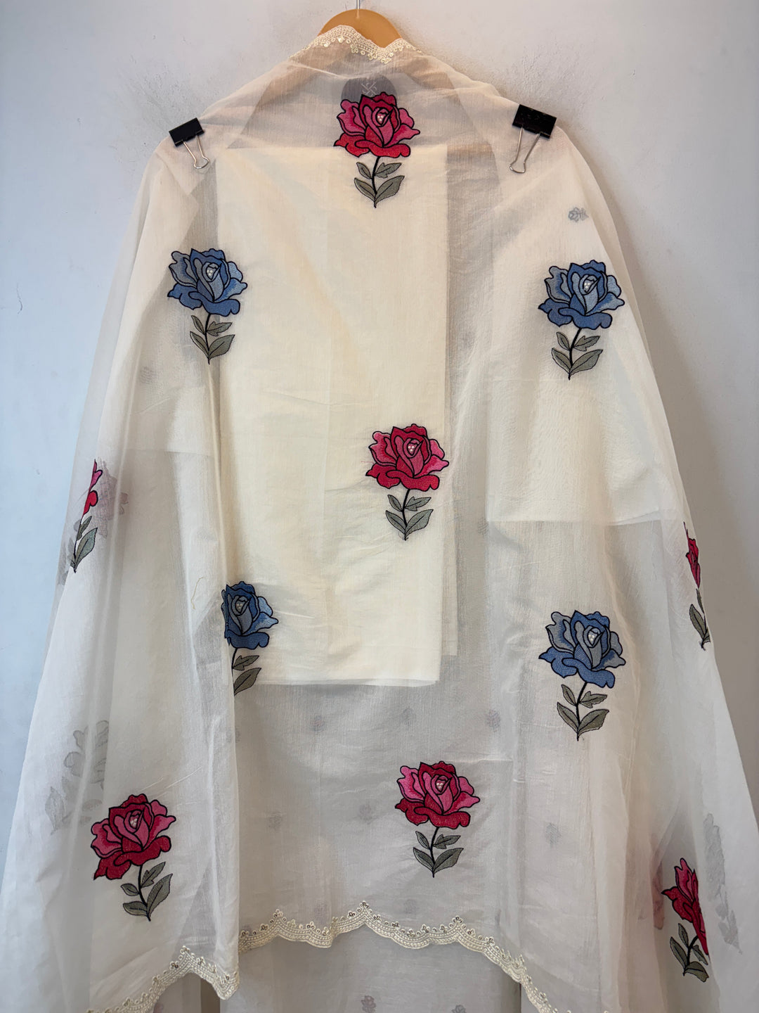 White Mul Cotton Embroidered Suit Set with Floral &amp; Cutwork Detailing