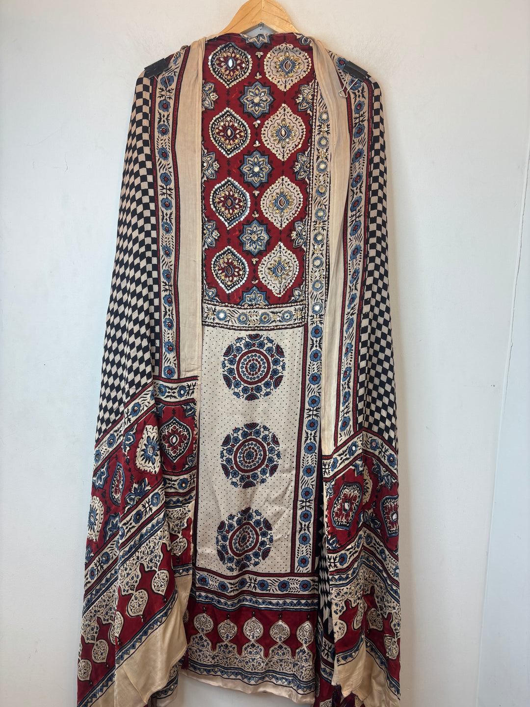 Red Ajrakh Modal Handblock Printed Suit Set with Mirror &amp; Cutdana Work