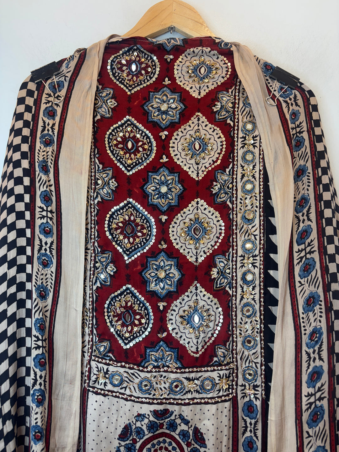 Red Ajrakh Modal Handblock Printed Suit Set with Mirror &amp; Cutdana Work