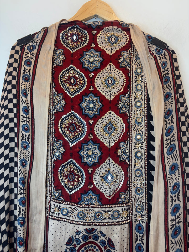 Red Ajrakh Modal Handblock Printed Suit Set with Mirror &amp; Cutdana Work