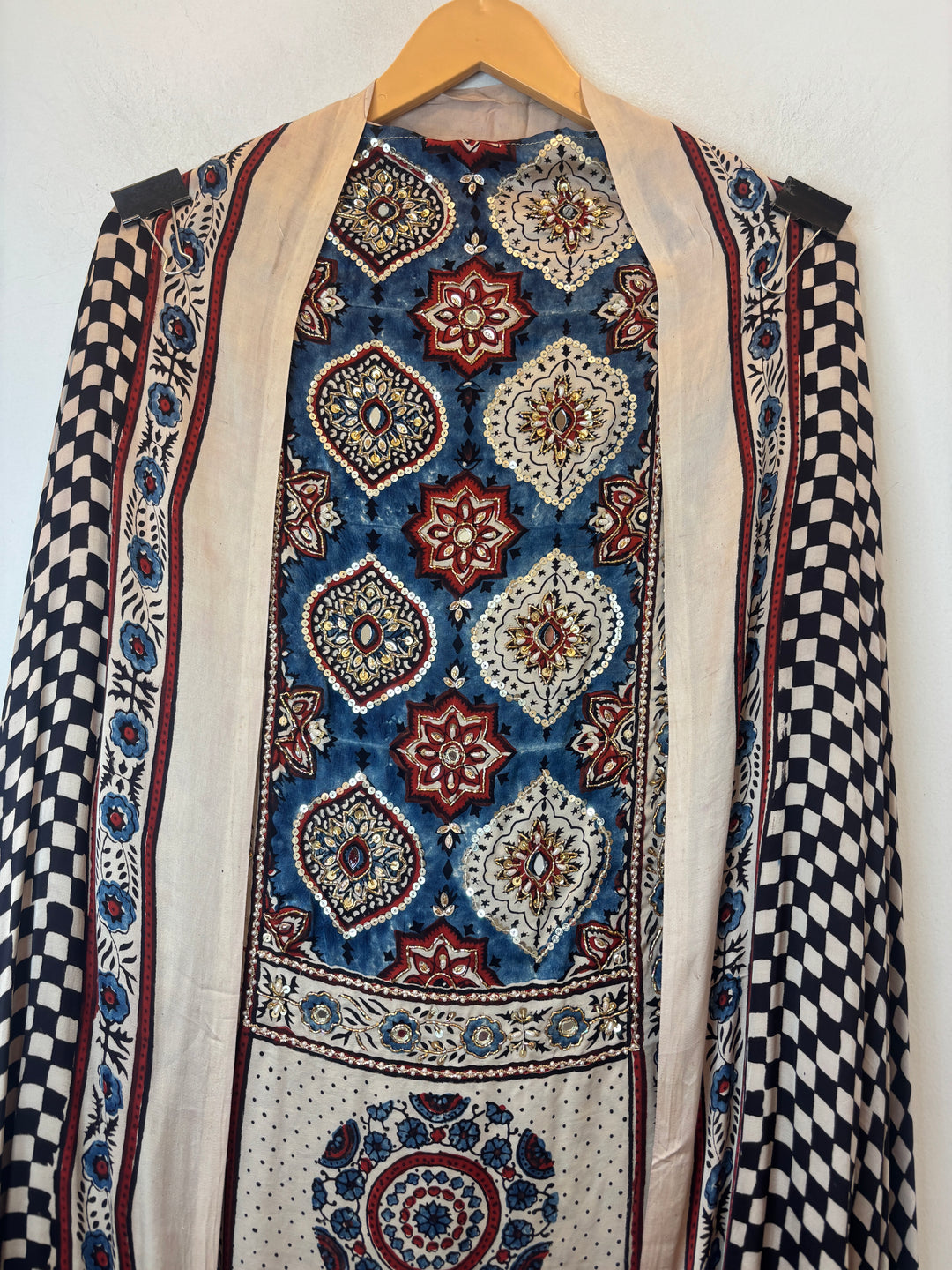 Blue Ajrakh Modal Handblock Printed Suit Set with Mirror &amp; Cutdana Work