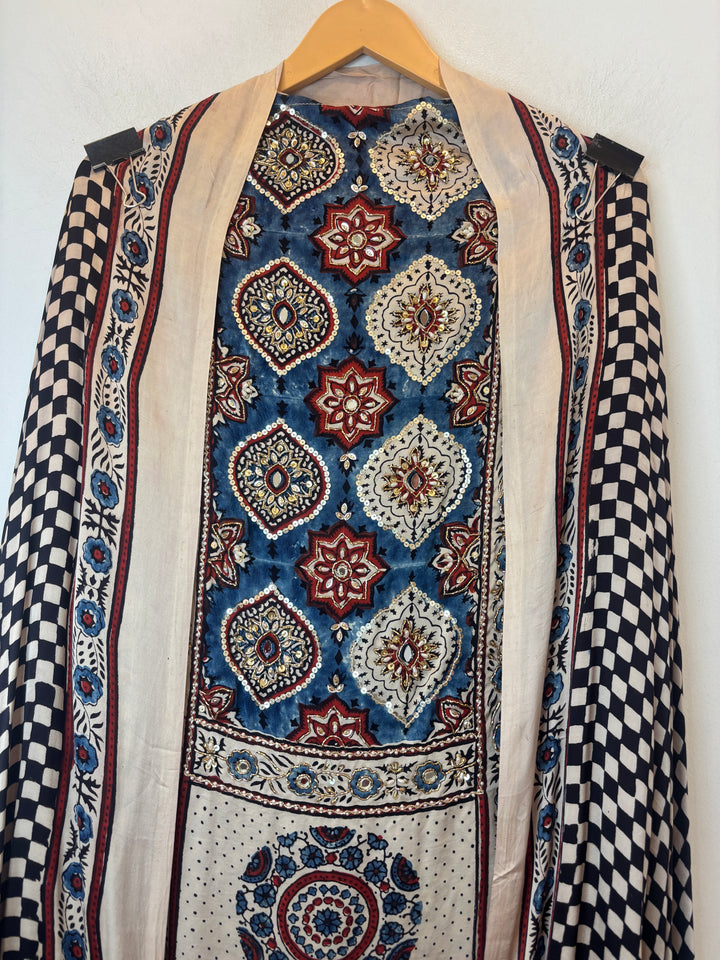 Blue Ajrakh Modal Handblock Printed Suit Set with Mirror &amp; Cutdana Work