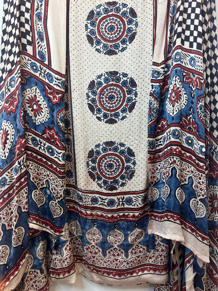 Blue Ajrakh Modal Handblock Printed Suit Set with Mirror &amp; Cutdana Work