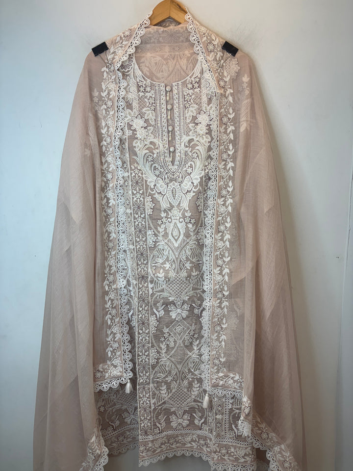 Beige Mul Cotton Embroidered Suit Set with Tassel &amp; Crochet Lace Detailing