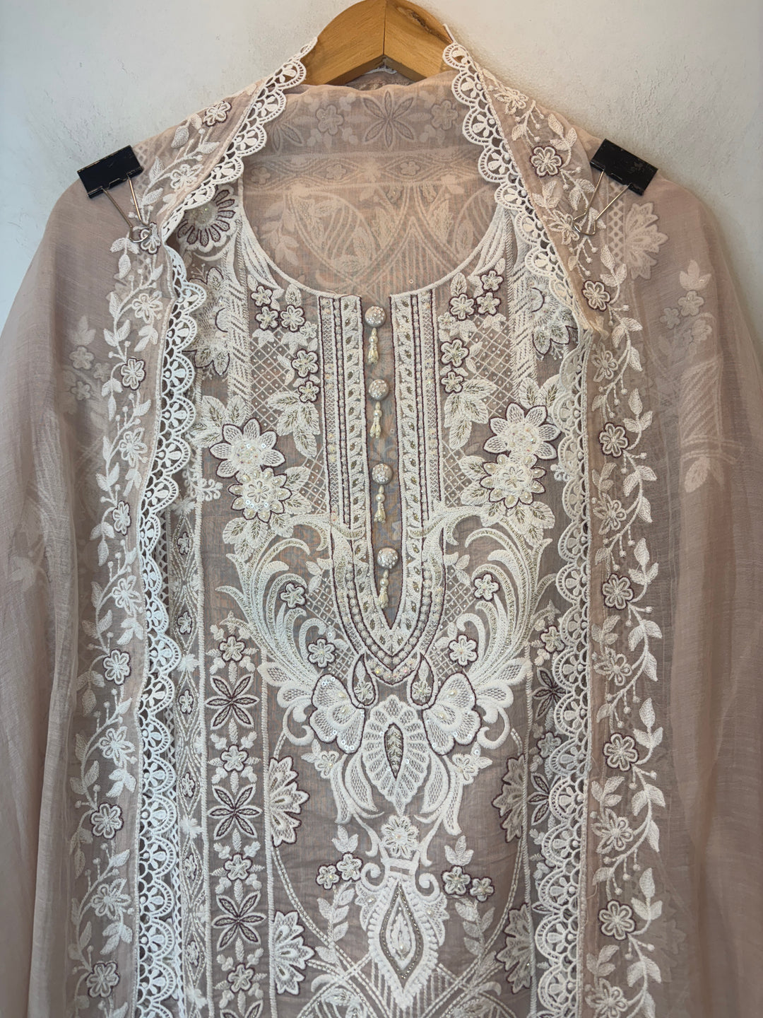 Beige Mul Cotton Embroidered Suit Set with Tassel &amp; Crochet Lace Detailing
