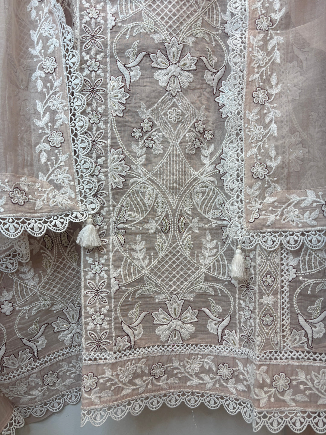 Beige Mul Cotton Embroidered Suit Set with Tassel &amp; Crochet Lace Detailing