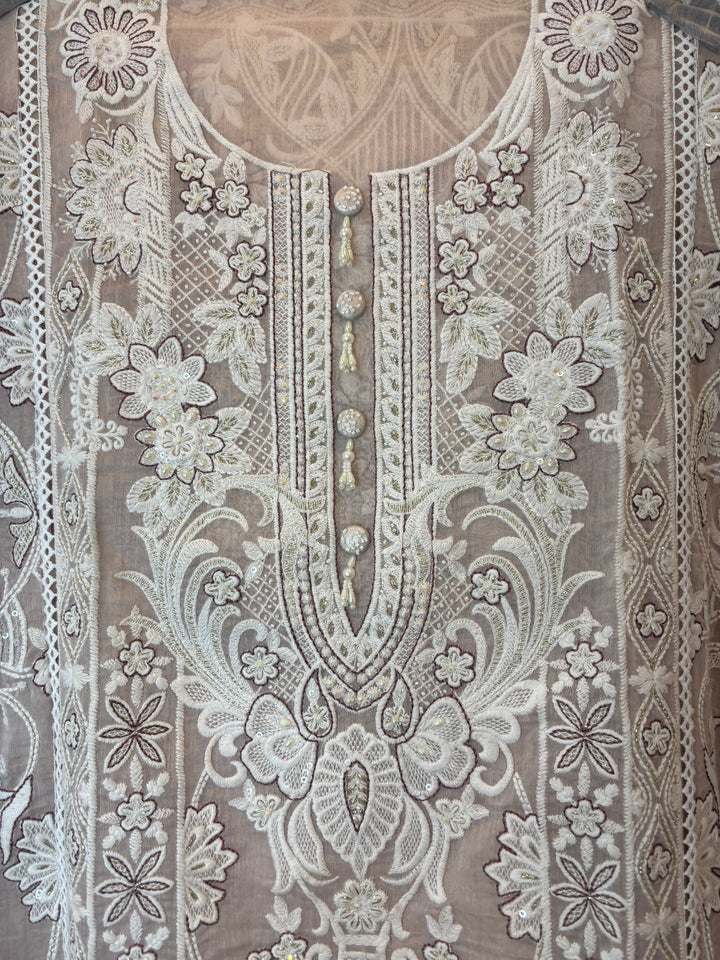 Beige Mul Cotton Embroidered Suit Set with Tassel &amp; Crochet Lace Detailing
