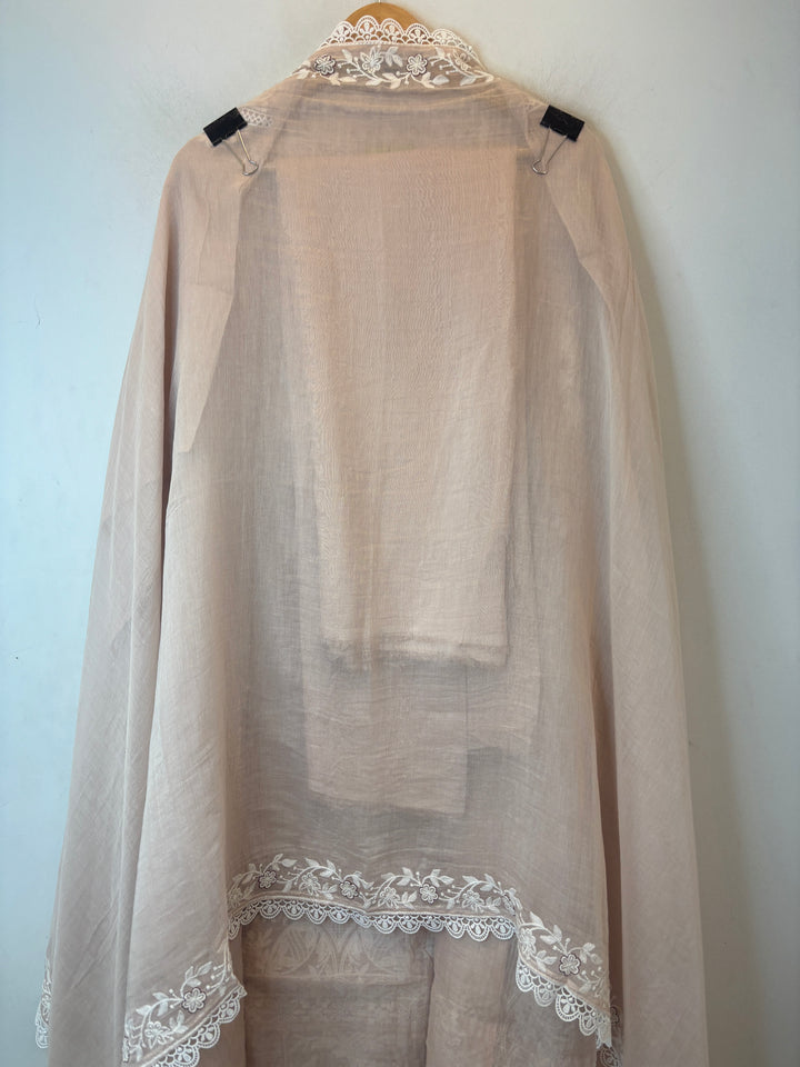 Beige Mul Cotton Embroidered Suit Set with Tassel &amp; Crochet Lace Detailing