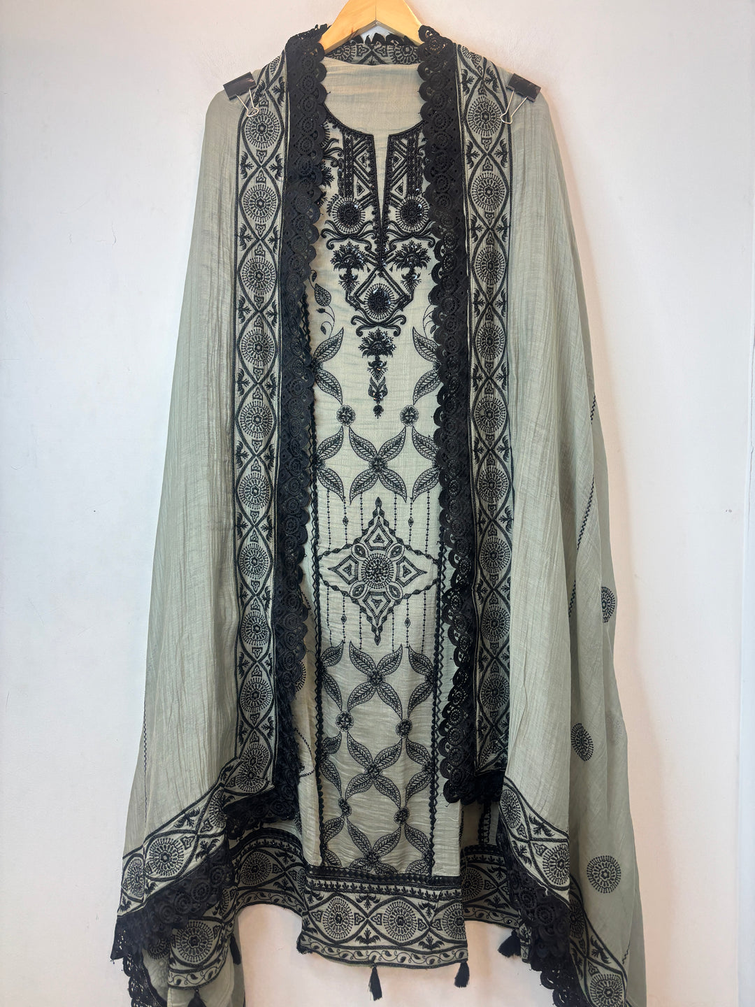 Green Mul Cotton A-Line Embroidered Suit Set with Bead &amp; Tassel Detailing