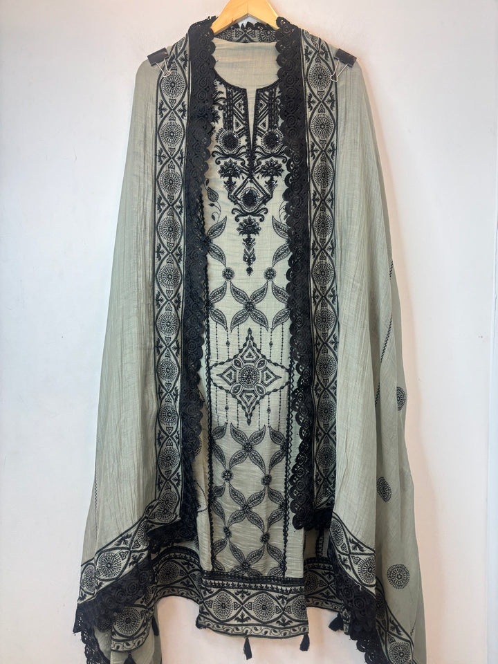 Green Mul Cotton A-Line Embroidered Suit Set with Bead &amp; Tassel Detailing