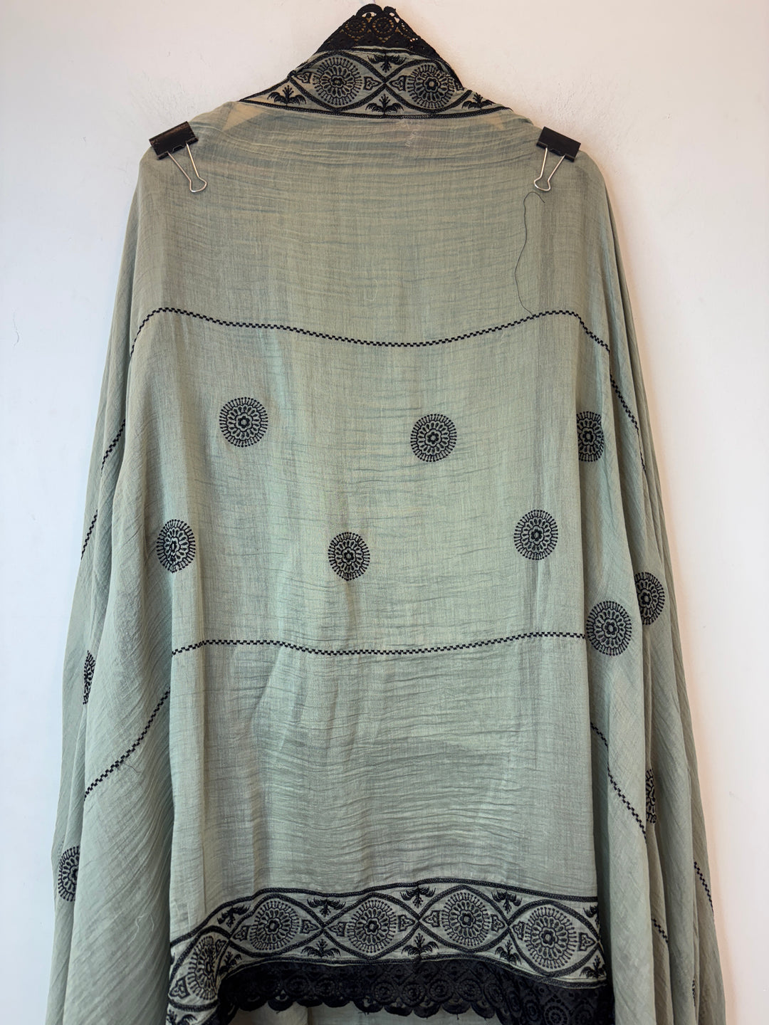 Green Mul Cotton A-Line Embroidered Suit Set with Bead &amp; Tassel Detailing