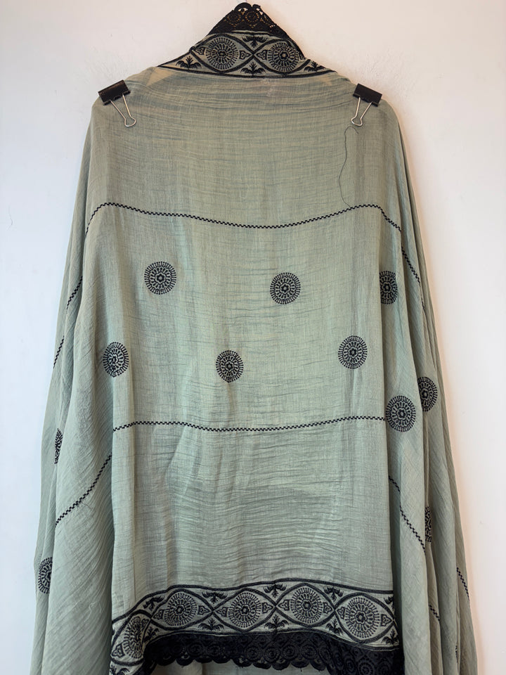 Green Mul Cotton A-Line Embroidered Suit Set with Bead &amp; Tassel Detailing
