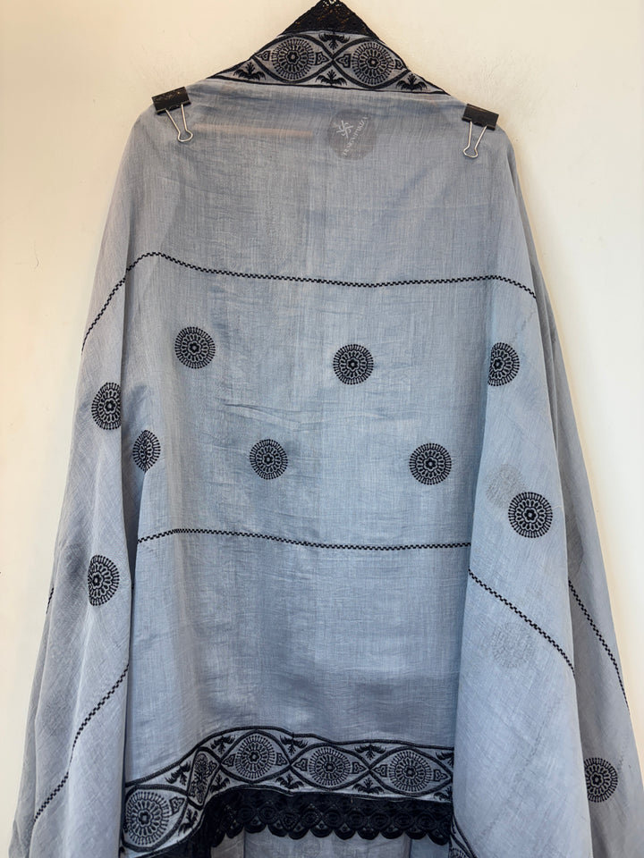 Blue Mul Cotton A-Line Embroidered Suit Set with Bead &amp; Tassel Detailing