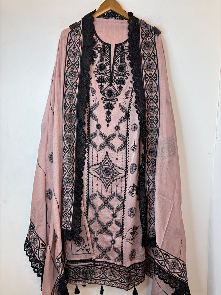 Peach Mul Cotton A-Line Embroidered Suit Set with Bead &amp; Tassel Detailing